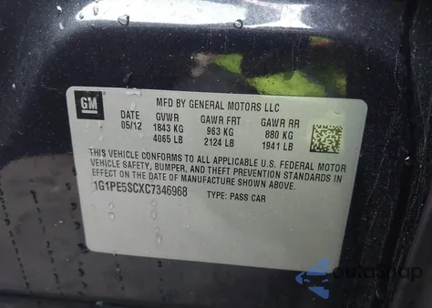 2012 Chevrolet Cruze Lt из США, поврежденный, VIN 1G1PE5SCXC7346968